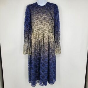 C&M Collection Navy Blue Gold Lace Midi Bell Sleeve Romantic Goth Ethereal Dress